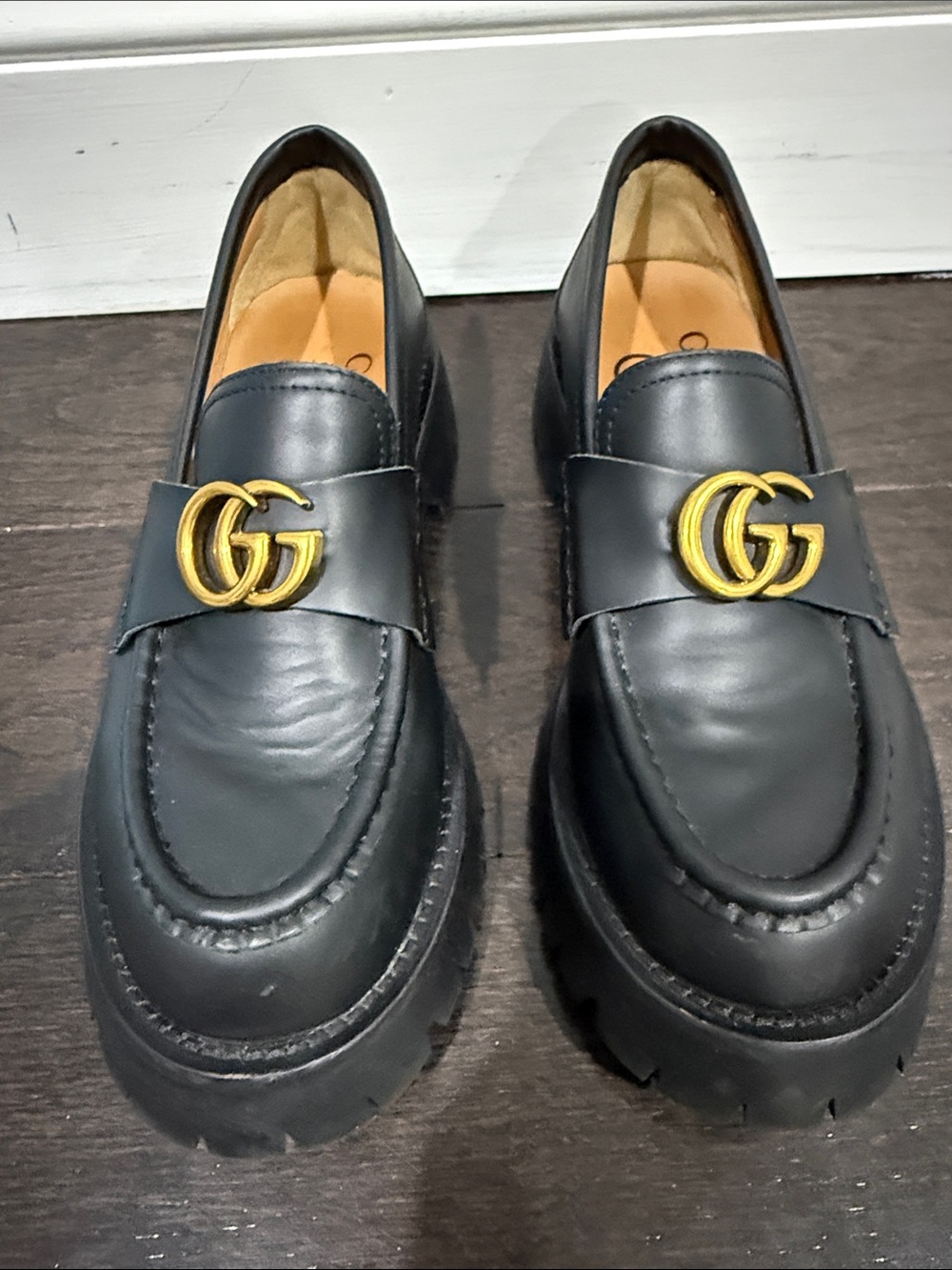 Gucci Black Leather GG Marmont Lug Sole Loafers